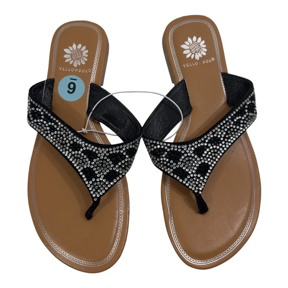 New Yellow Box Womens Black Rhinestone Thong Sandals Flat Flip Flops Size 6 - Picture 2 of 8